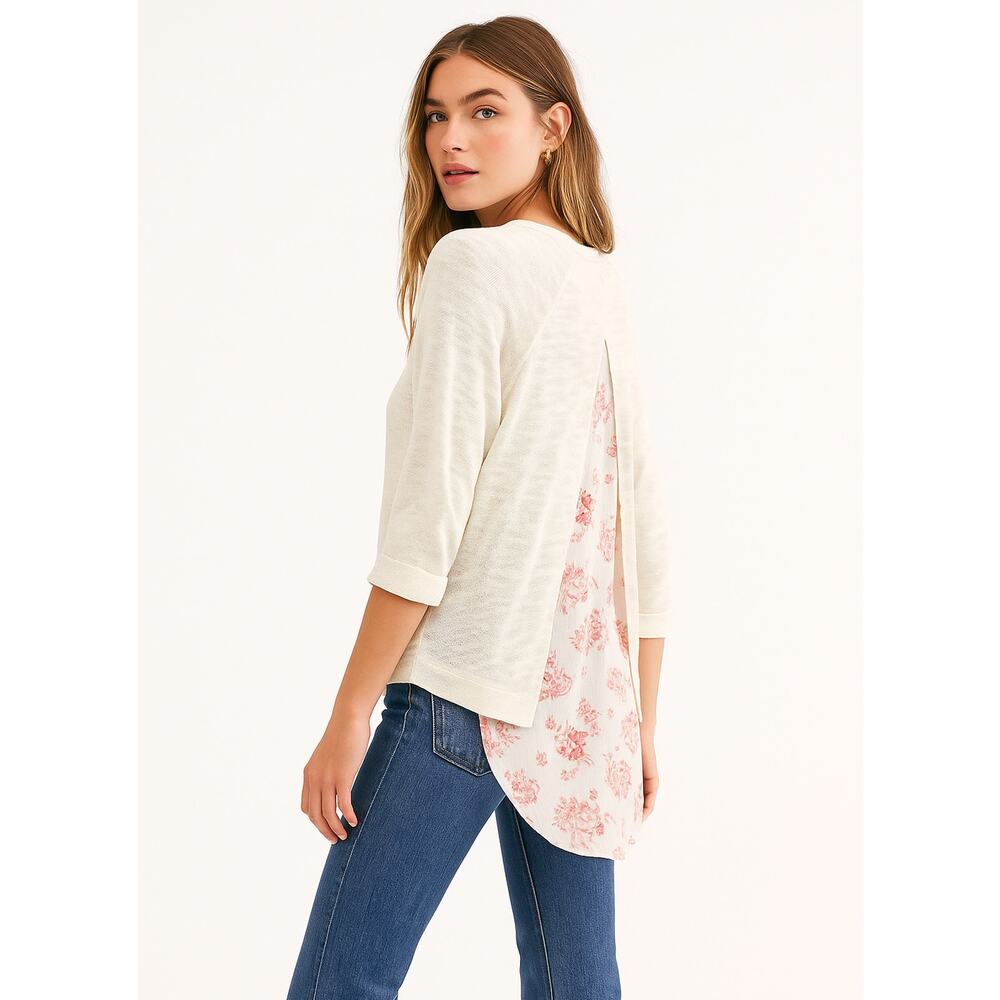 Bobeau Floral Fusion Tunic Top Ivory Cottagecore Boho Romantic Lareg NWT